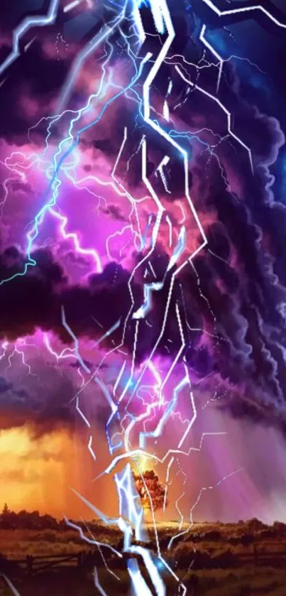 Colorful lightning storm with vibrant skies.