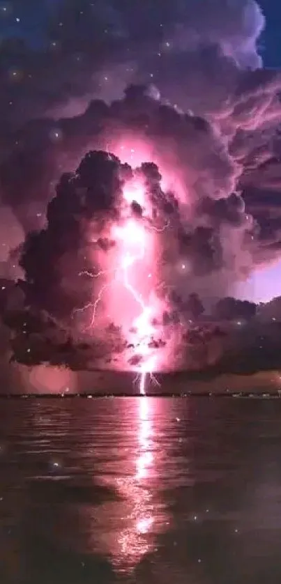 Vibrant lightning storm over ocean at night.