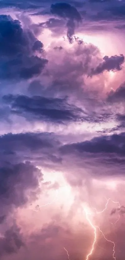 Vibrant purple clouds with lightning in a stormy sky.