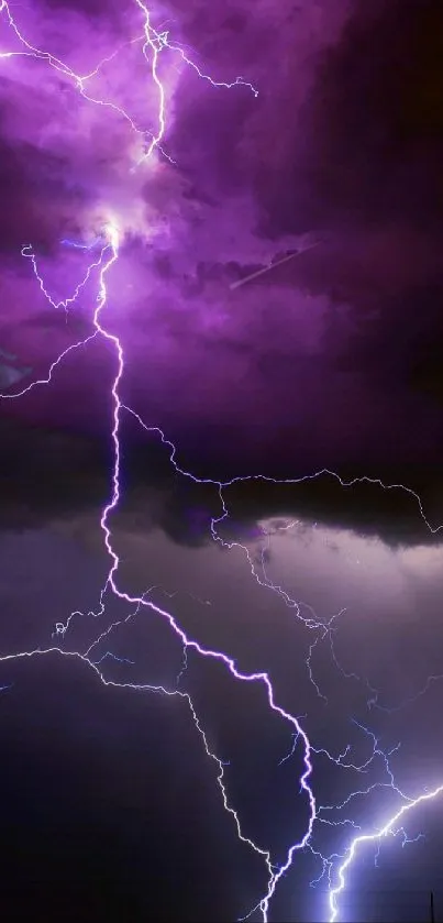 Vibrant lightning storm with purple sky and bolts