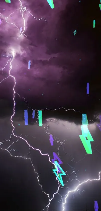 Purple lightning bolts in a dark stormy sky, perfect for mobile wallpaper.