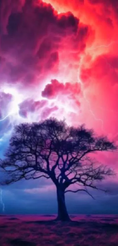 Vibrant mobile wallpaper with lightning over a silhouetted tree.