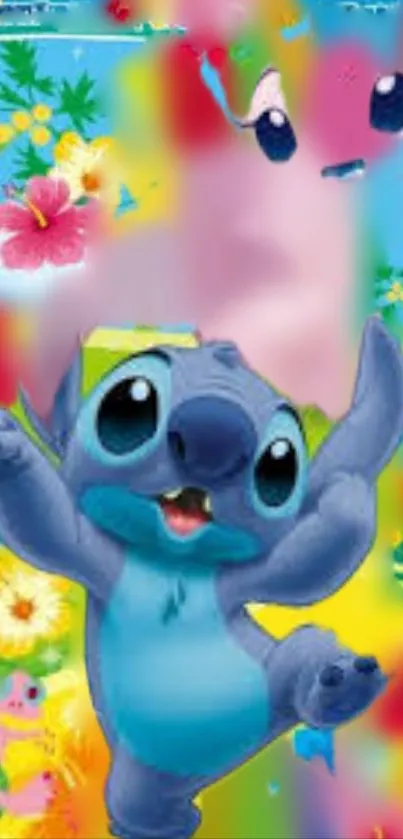 Lilo and Stitch with colorful floral background.