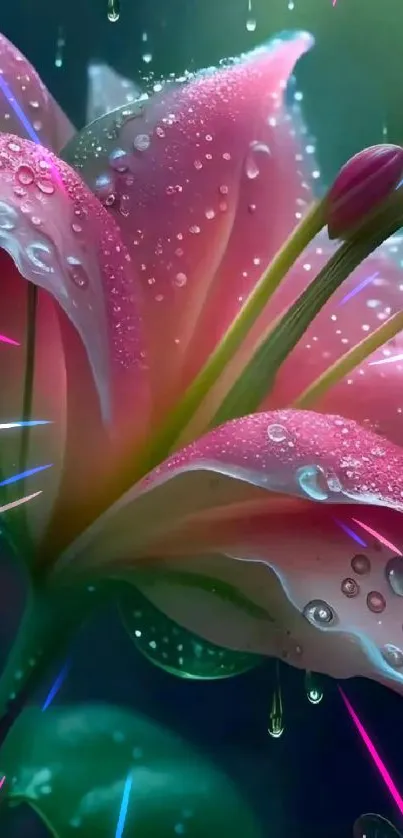 Close-up of pink lily with water droplets on petals.