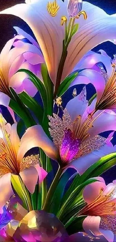 Vibrant digital artwork of glowing lily flowers.