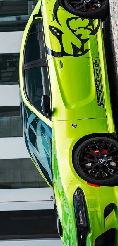 Lime green sports car parked on a cobblestone street.