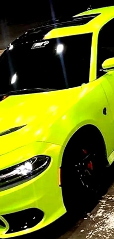 Lime green car parked at night with sleek design.