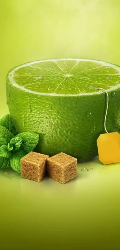 Vibrant lime cup with mint and sugar cubes on green background.