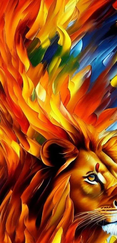 Abstract vibrant lion with fiery colors in a dynamic art style.