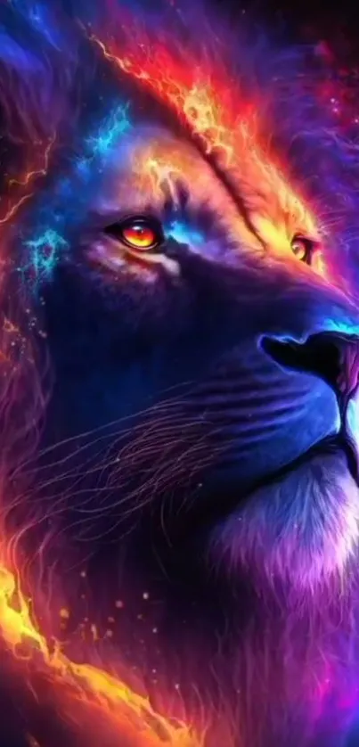 Colorful abstract lion with neon hues and cosmic details in vibrant blue and orange.