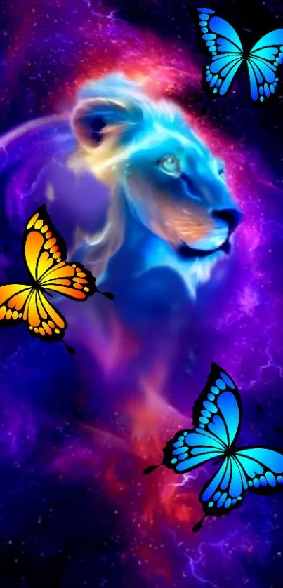 Lion and butterflies in cosmic, colorful fantasy design wallpaper.