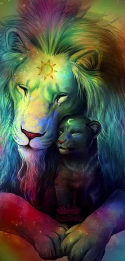 Vibrant rainbow lion and cub artwork with mystical symbols.