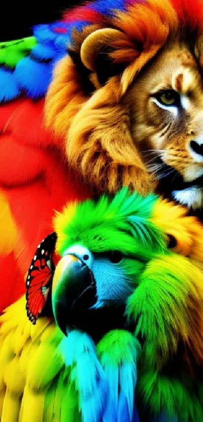 Colorful lion and parrot digital art wallpaper.