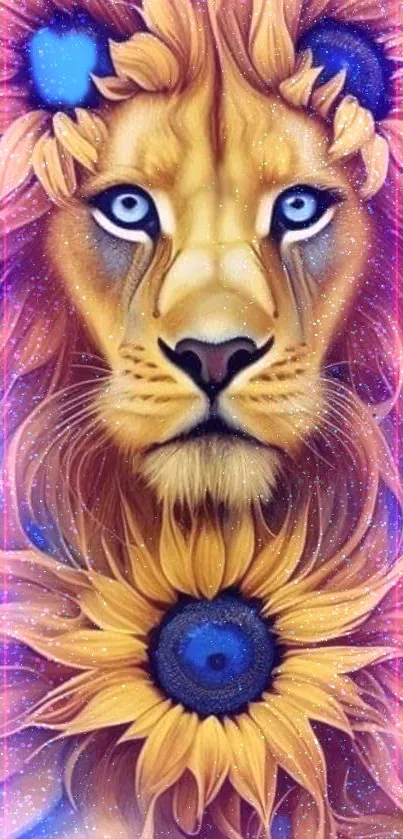 Lion with sunflower mane in vibrant blues and yellows mobile wallpaper.