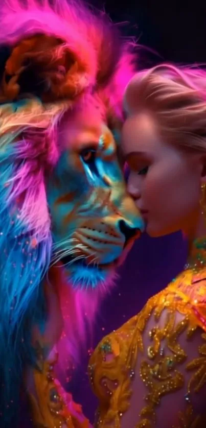Vibrant digital art wallpaper of a colorful lion and a woman.