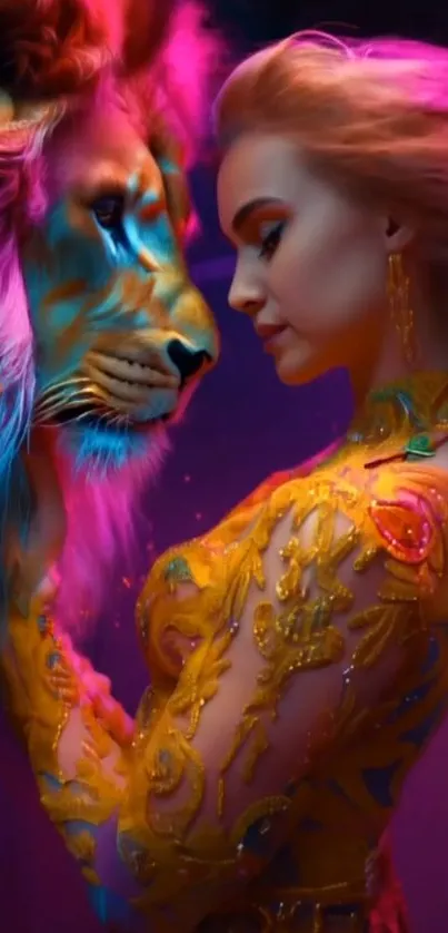 Vibrant artistic depiction of a woman with a lion.