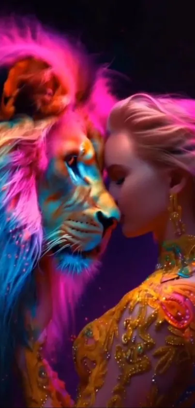 Vibrant artwork of a colorful lion with a woman