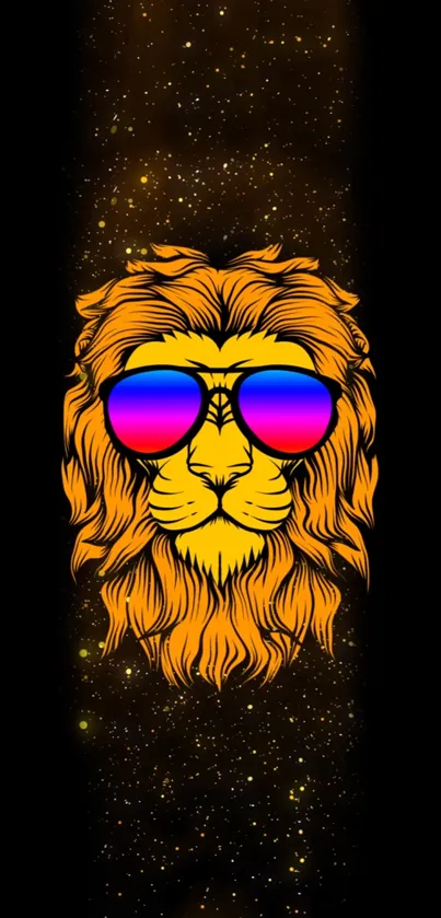 Artistic lion with sunglasses on a dark background.