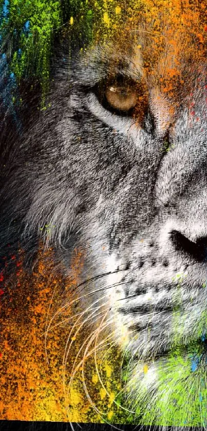 Colorful lion art wallpaper with vibrant colors on dark background.