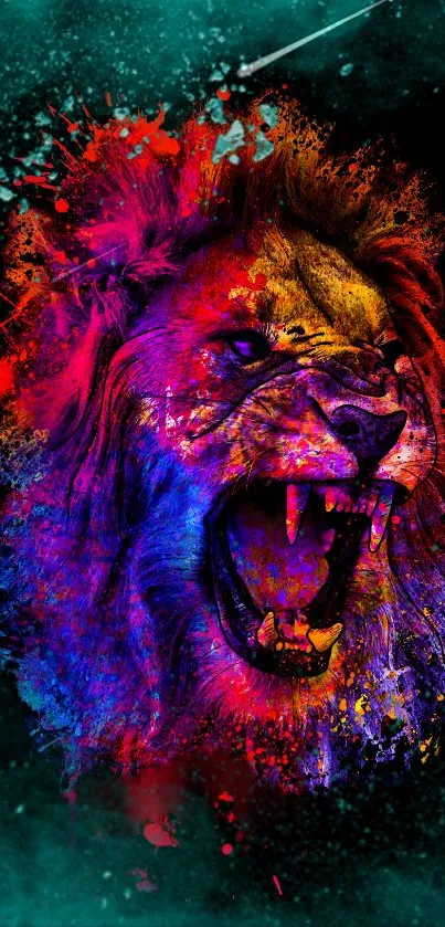 Colorful lion with vibrant paint splashes on a black background.