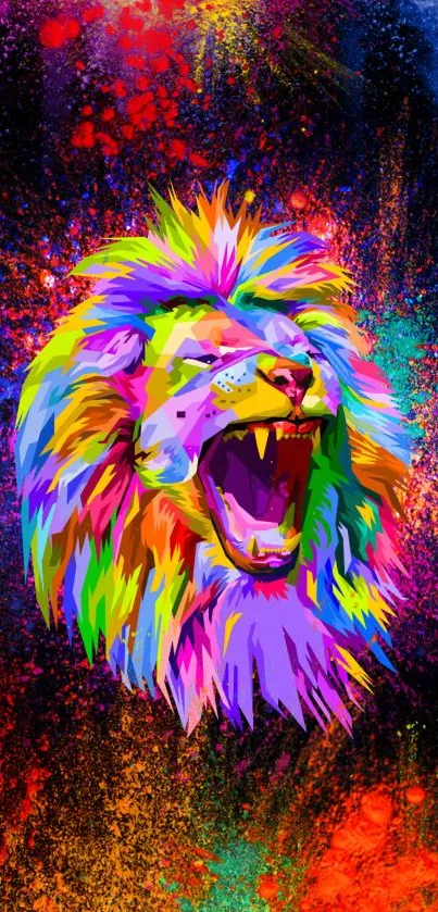 Multicolored lion artwork with vibrant dark purple background.