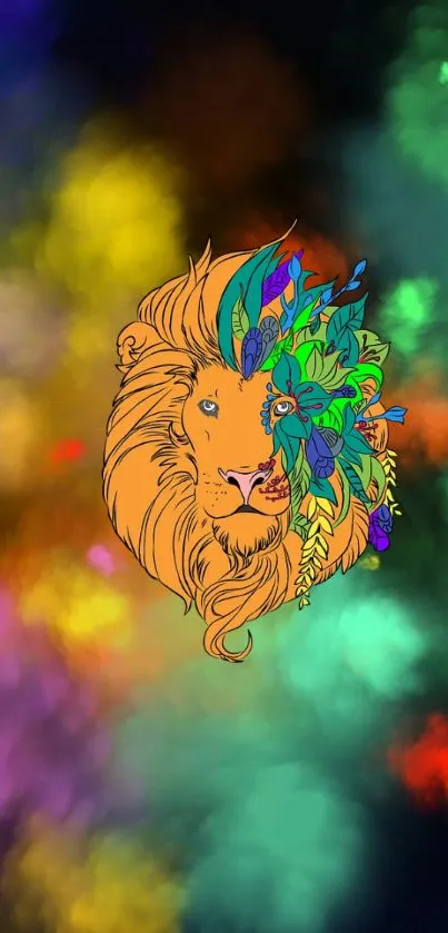 Vibrant artistic lion wallpaper with colorful abstract design.