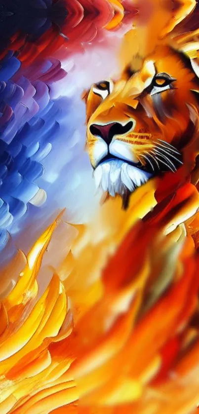 Abstract lion with vibrant colors and fiery design, perfect for mobile wallpaper.