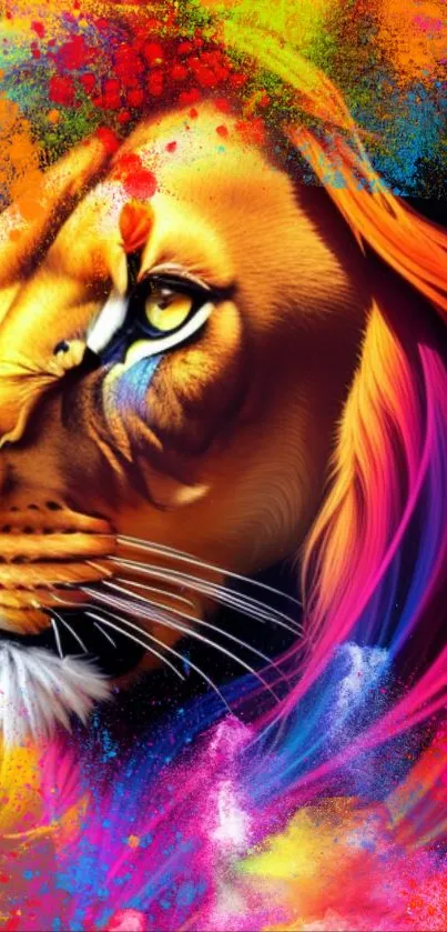 Vivid, colorful lion art wallpaper with abstract design.