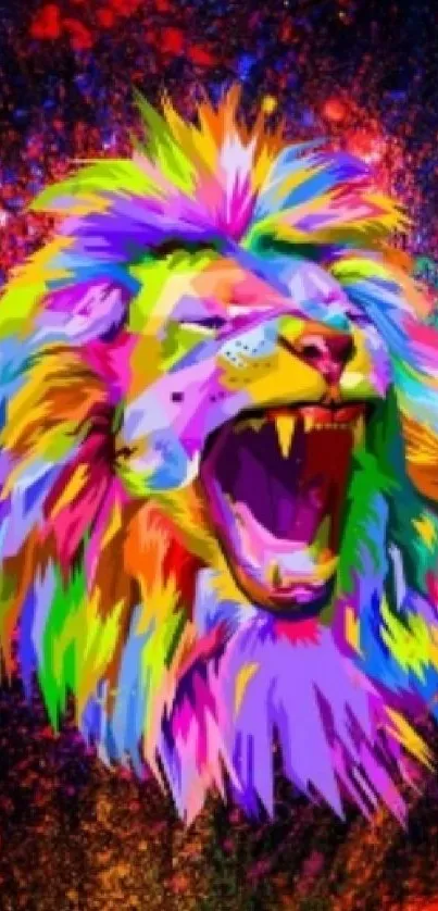 Vibrant lion art with colorful abstract design on mobile wallpaper.