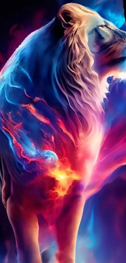 Vibrant abstract lion with fiery colors