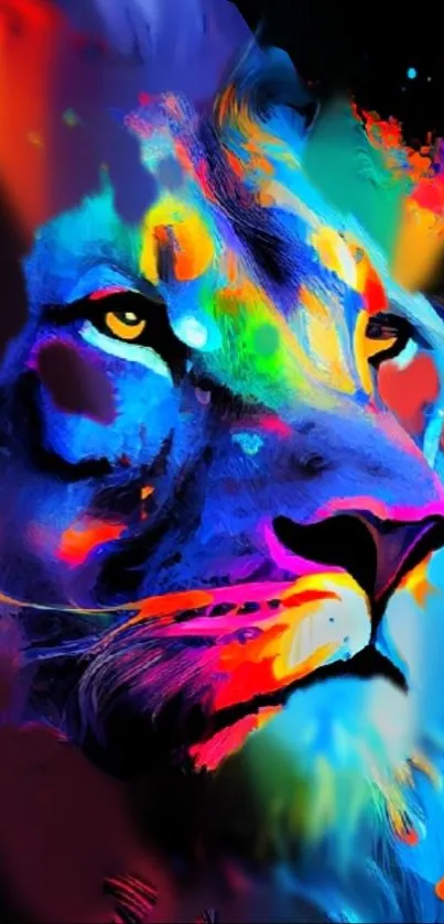 Vibrant lion art with colorful, abstract design.