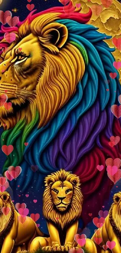 Vibrant lion with rainbow mane and golden moon backdrop.