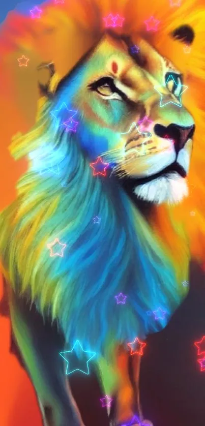 Vibrant neon lion with colorful mane and starry accents