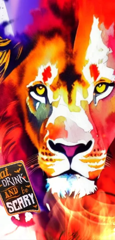 Colorful watercolor lion with vibrant flames.