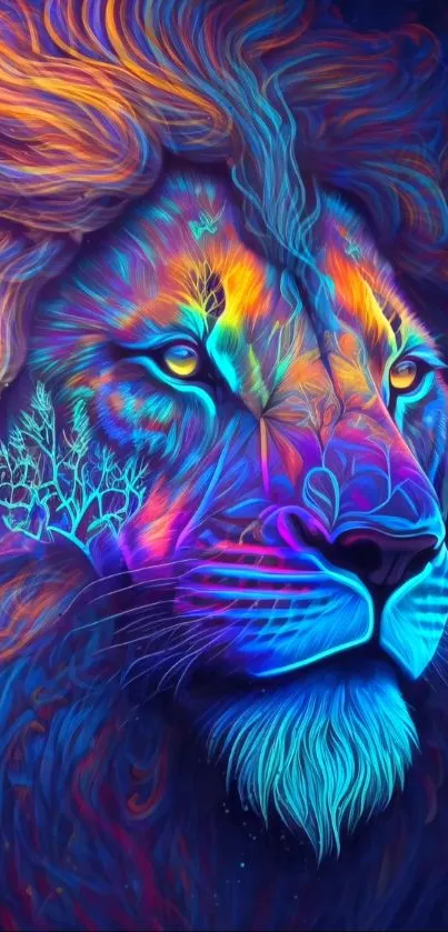 Vibrant and colorful lion art wallpaper with neon hues.