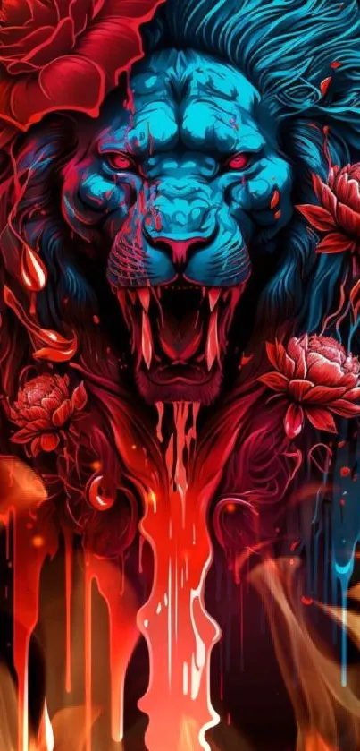 Vibrant lion artwork with red, blue, and floral details.