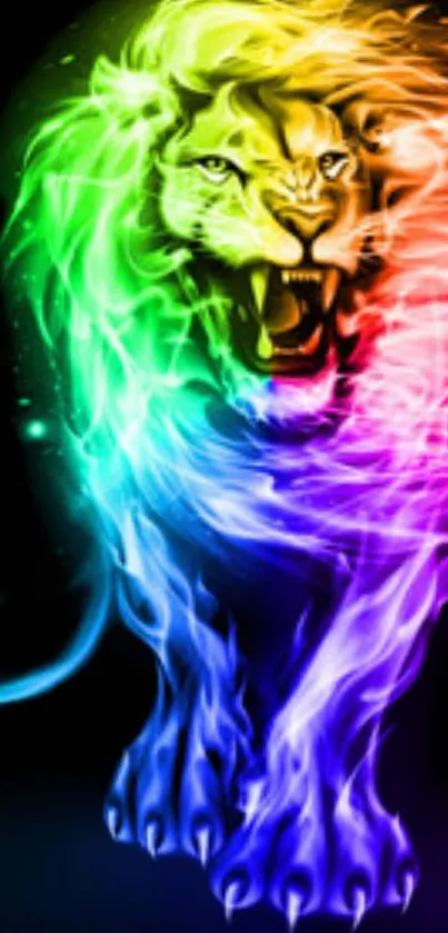 Colorful lion with rainbow flames on black background.