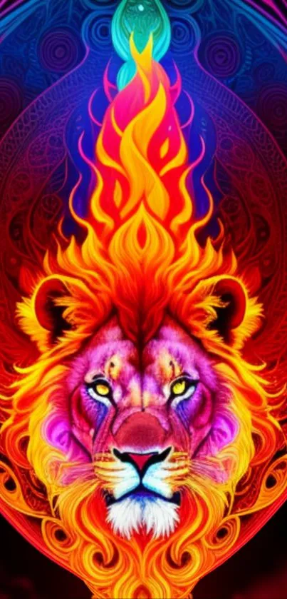 Vibrant fiery lion design with bold colors and intricate background.