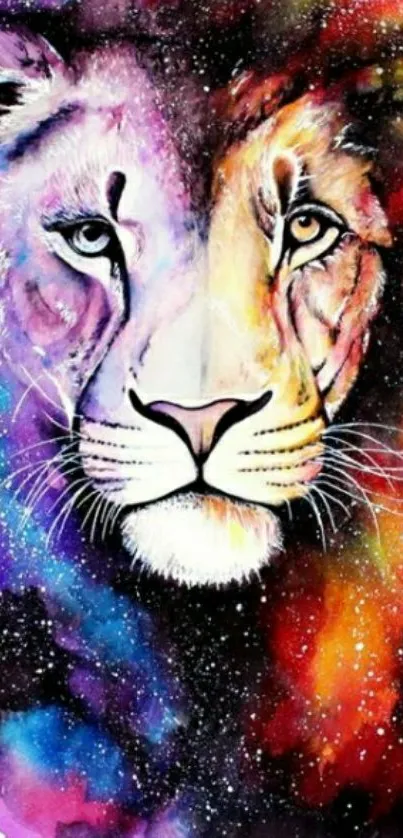 Vibrantly colored lion art wallpaper with cosmic theme.