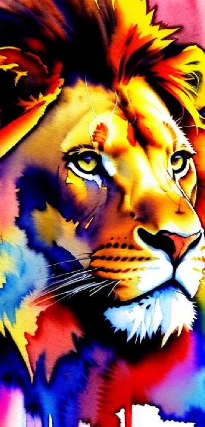 Vibrant watercolor lion artwork, colorful mobile wallpaper.