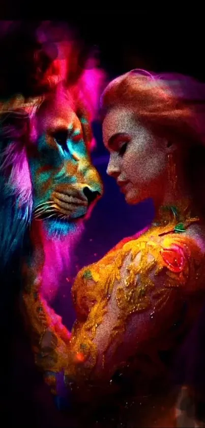 Vibrant artwork of a woman and lion with purple hues.