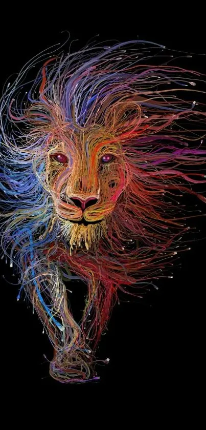 Colorful abstract lion art on black background.