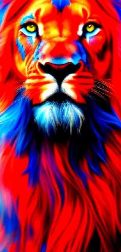 Vibrant digital lion artwork with bold red and blue colors.