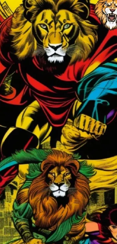 Dynamic lion-themed comic art wallpaper with vibrant colors.