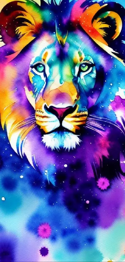 Vibrant watercolor lion art with bright colors and abstract design on mobile wallpaper.