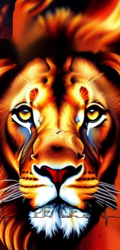 Vibrant lion art wallpaper with fiery colors and bold design.