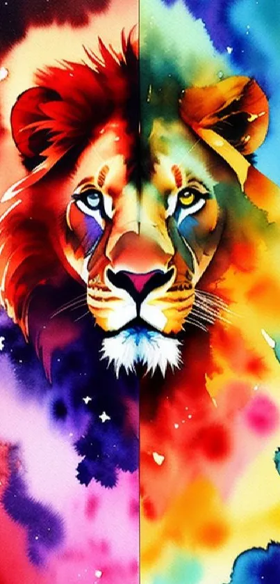 Vibrant lion artwork with colorful abstract background.