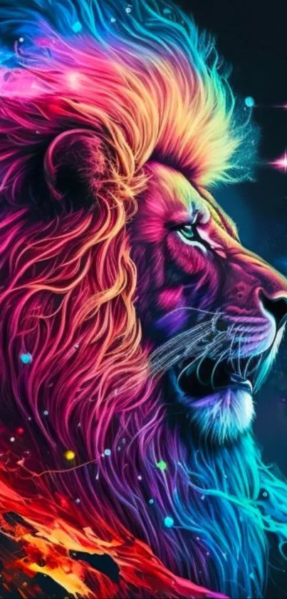 Vibrant artistic lion with colorful mane and galaxy background.