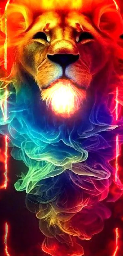 Vibrant rainbow-colored lion art design wallpaper.