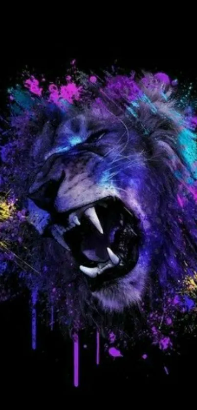 Vibrant lion art with colorful splashes on a black background.